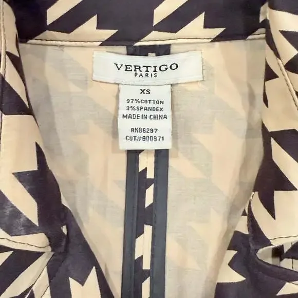 Women’s Vertigo Paris Tan and Brown Houndstooth Belted Trench Coat Sz xs - Picture 2 of 6